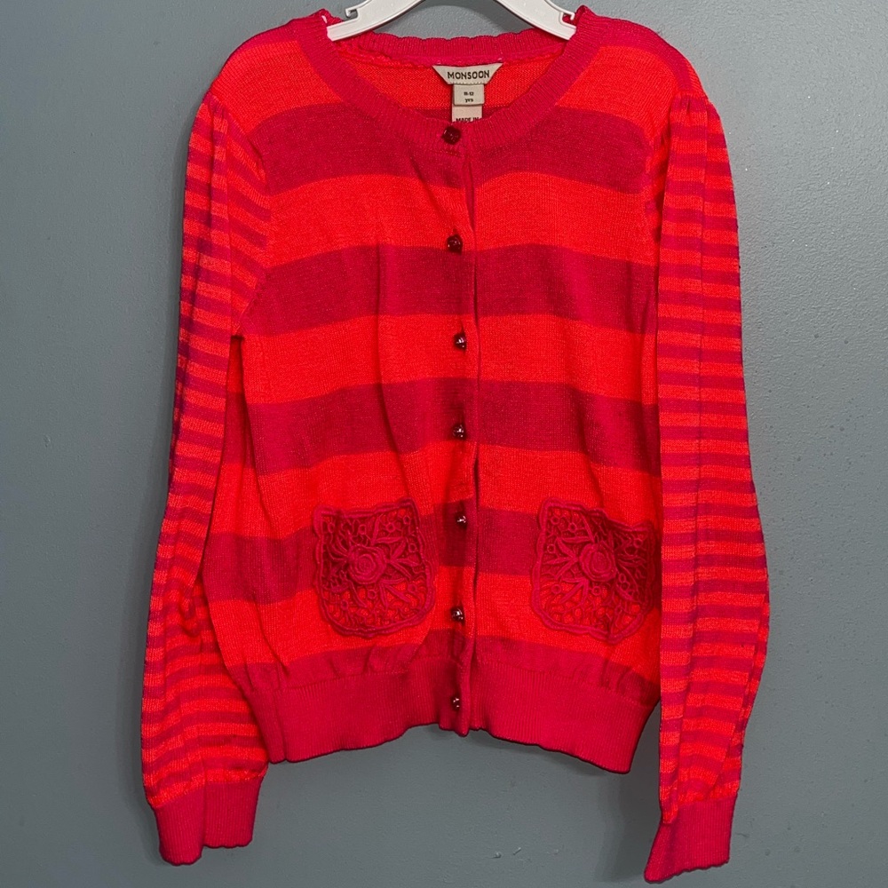 Monsoon Girls Size 11-12 Neon Pink and Orange Stripe Knit Cardigan